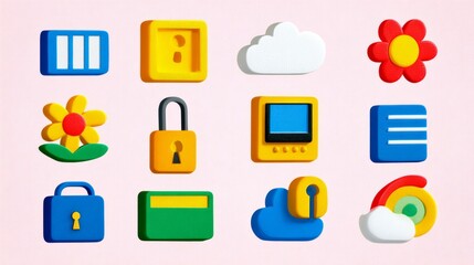 Set of colorful icons, including a flower, a key, a lock, a computer, and a rainbow