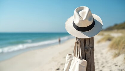 White straw hat with black band, canvas tote bag hang on old weathered wood post. Idyllic sandy beach, calm turquoise ocean waves, clear blue sky. Distant person walks shore, enjoying bright summer