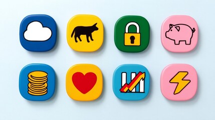 Set of six colorful plastic buttons with various symbols and shapes, including a heart, a pig, a key, and a cloud