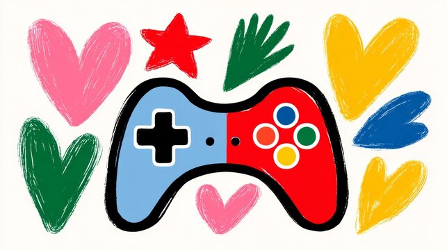 Video game controller with a heart on it. The controller is red and blue. The controller is surrounded by hearts and stars