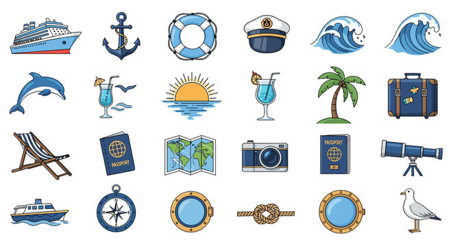 Explore vacation travel summer holiday cruise ship beach destination adventure nautical icons vector set design