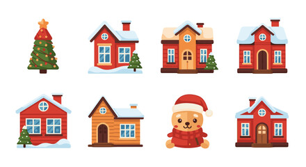 Winter village scene with christmas tree houses and cute animal holiday season vector illustration design