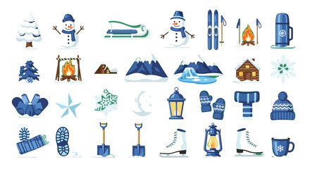 Winter season vector illustration set with snowman ski and mountain for christmas holiday and vacation