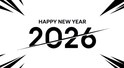 Happy New Year 2026 celebration vector with modern geometric design, festive typography, abstract lines, black shapes, minimalist greeting card layout
