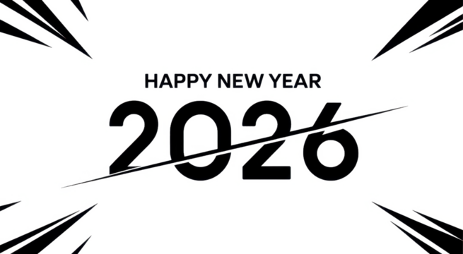 Happy New Year 2026 celebration vector with modern geometric design, festive typography, abstract lines, black shapes, minimalist greeting card layout
 - Powered by Adobe