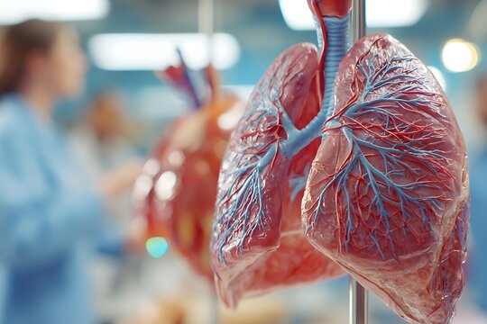 Close-up of a detailed human lung model in a bright clinical classroom, symbolizing respiratory disease, anatomy education, and pulmonary medical research.