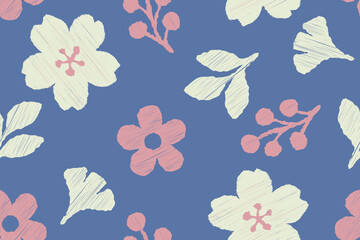 Seamless floral pattern with hand-drawn pastel flowers and leaves on a blue background. Cute and modern sketch-style botanical design perfect for fabric, wallpaper, wrapping paper, stationery