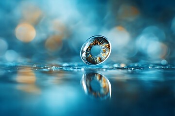 A contact lens floating above a wet, reflective surface with blue bokeh lights, symbolizing vision correction, clarity, and treatment for ocular surface disease.