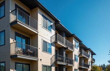 Modern apartment building exterior with balconies under clear blue sky. Residential complex facade with windows, siding. New multifamily house for sale rent. Contemporary condo complex represents