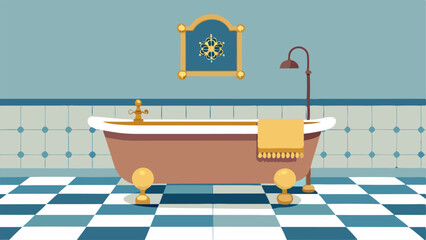 Obraz premium A bathroom featuring a tiled floor in a mosaic pattern and a clawfoot bathtub with a vintageinspired brass faucet.