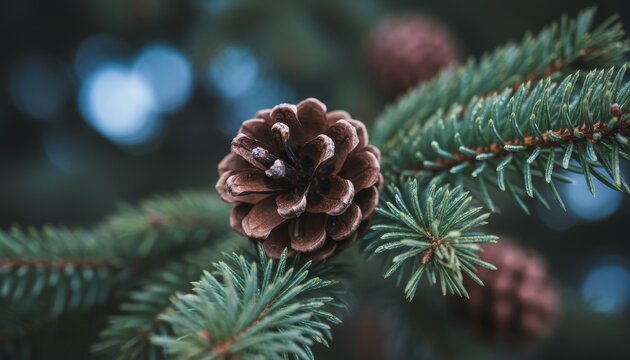 Close-up of a brown pine cone nestled among green evergreen needles, with a soft, blurred background. Nature's details. - Powered by Adobe