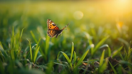 Obraz premium A butterfly flying over the green grass in a sunny field