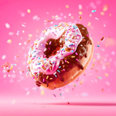 Chocolate glazed donut with colorful sprinkles sweet bakery dessert junk food