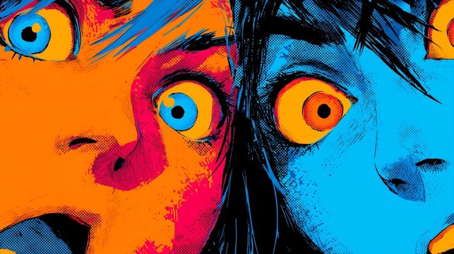 Intense close-up of shocked eyes, vibrant comic art style, pop art emotion