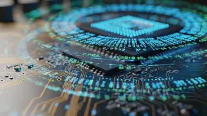 Close-up of circuit board with digital data overlay, lit in blue and green hues - Powered by Adobe