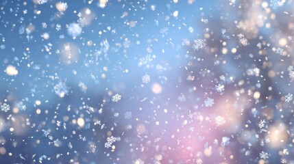 Magical falling snowflakes sparkle with soft bokeh lights