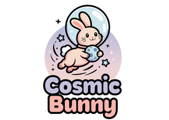 Cosmic bunny in space with moon and stars cute vector illustration logo design