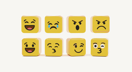 A delightful 3D illustration showcases a collection of eight yellow cube emojis, each displaying a distinct facial expression, set against a clean white background. The set includes happy, crying
