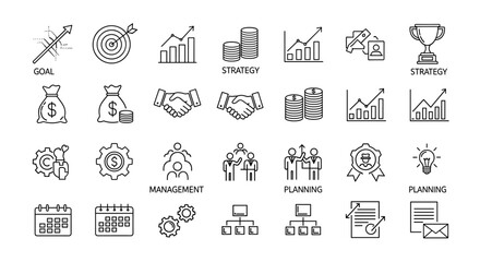 Business strategy line icon set, featuring goal achievement, financial strategy, management, and planning elements. This collection of outline vector icons in a linear style includes pictograms for