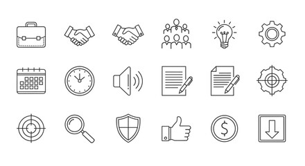 A comprehensive set of thin line web icons representing various business concepts, including human resources, office management, finance, strategy, and communication, presented in a clean and modern