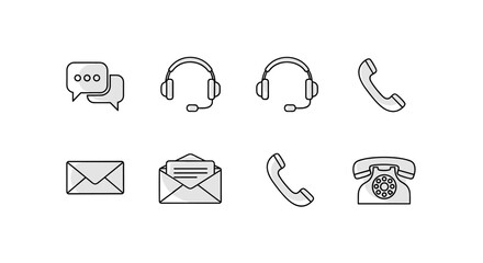 Collection of line icons representing communication and contact methods, including chat bubbles, headsets, envelopes, and various telephone designs, presented on a clean white background for web and
