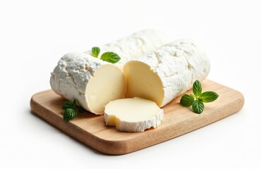 Goat cheese log on a board with mint leaves. Cheese log is sliced. Healthy mediterranean diet. Cooking ingredient close up with nutrition concept. Gourmet food served on wooden plate.