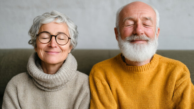 Elderly couple meditating on couch with cat for relaxation and mindfulness