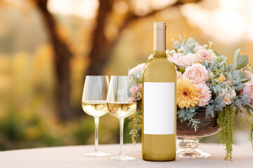White wine bottle with blank label and two glasses, set beside a lush floral arrangement in soft pastel tones