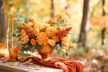 Rich autumn flower arrangement in warm orange and golden tones, styled with candles and foliage on a rustic table