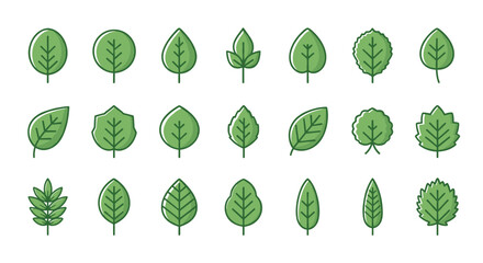 Collection of 18 diverse green leaf icons, each with a distinct shape and vein pattern, presented on a clean white background. These stylized vector illustrations are perfect for representing