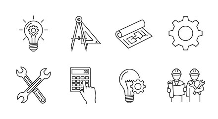 Set of engineering and construction line icons, including a lightbulb with a gear inside representing ideas and innovation, drafting tools like compass and triangle, a rolled blueprint, a cogwheel