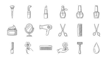 A collection of hand-drawn line art icons representing various beauty and cosmetic items, perfect for graphic design, web development, and app interfaces, including a makeup brush, lipstick, perfume