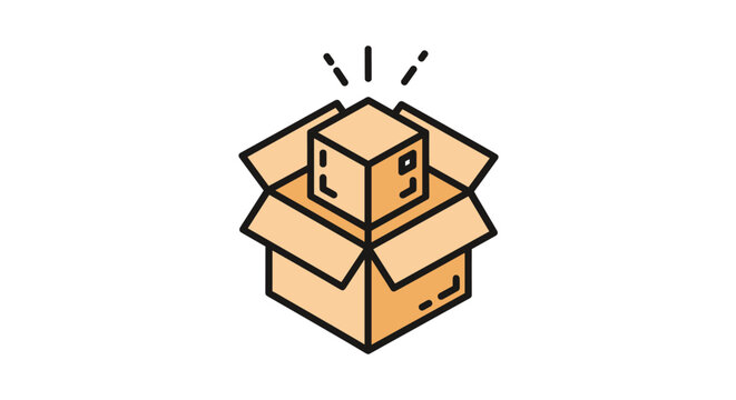 A simple, clean, and modern vector illustration of a cube inside an open cardboard box, symbolizing delivery, shipping, or a new product reveal. The graphic features bold black outlines and a warm