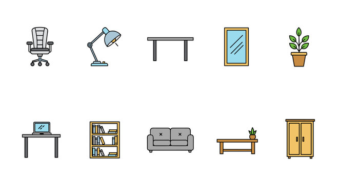 Set of flat design icons representing furniture and interior elements, including an office chair, desk lamp, table, mirror, potted plant, bookshelf, sofa, coffee table, and wardrobe, perfect for