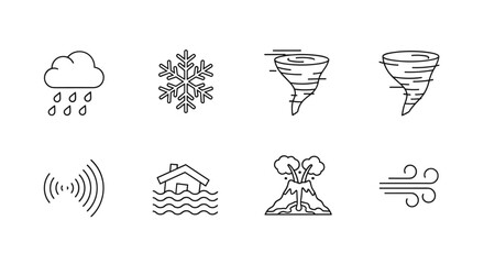 A minimalist collection of weather and natural disaster icons, featuring clean, modern line art. The set includes symbols for rain, snow, tornadoes, earthquakes, floods, volcanoes, and wind, perfect