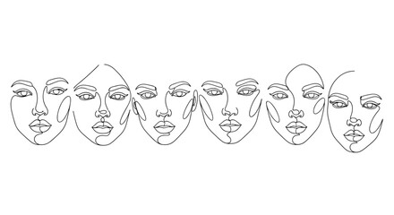 A striking vector illustration showcases a series of minimalist line art faces, presented in a horizontal arrangement against a clean white background, embodying modern beauty and artistic expression.