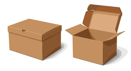 Realistic close-up and open kraft cardboard box mockup, vector illustration isolated on white background. Can be used for template your design, presentation, packaging, shipping, delivery, storage