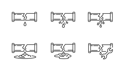 Set of minimalistic line icons illustrating a broken pipe with various water leak scenarios, including dripping water, puddles, and a wrench for repair, perfect for web design, app interfaces, social