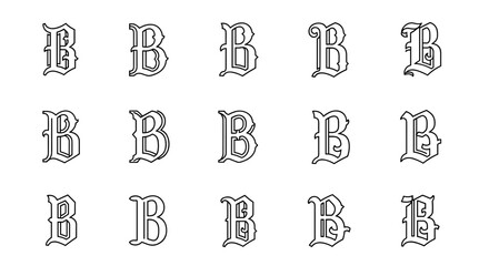 Set of 15 Gothic-style Letter B Monogram Logos, presented in a clean, ordered grid on a white background. Each letter features a distinct serif design, suitable for branding, graphic design, and