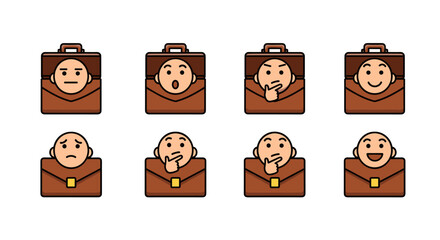 Set of eight cartoon briefcase icons with faces expressing various emotions and gestures, including neutral, surprised, thinking, happy, sad, and laughing, perfect for interface elements, social