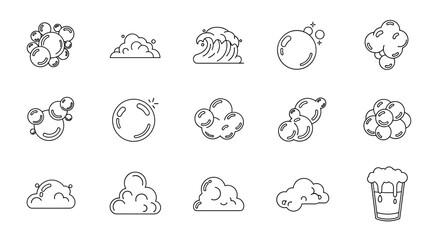 Set of outline icons representing bubbles, foam, and a wave, perfect for graphic design, books, adverts, and apps. This vector cartoon illustration features a clean white background, offering a