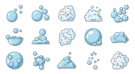 Set of isolated cartoon bubbles and foam icons on a white background, perfect for interface elements, social media posts, advertisements, and various card designs. This ordered collection features