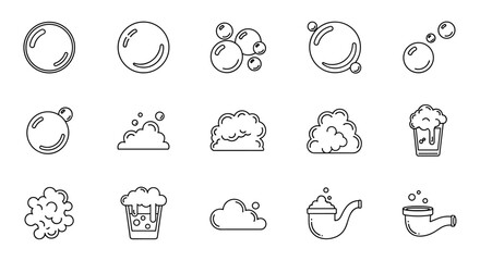 Set of vector line icons representing bubbles, foam, and a pipe, perfect for illustrating concepts related to cleanliness, beverages, or smoking. This clean, minimalist design features a white