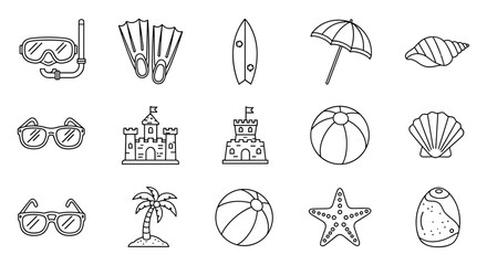 Collection of summer vacation and beach-related line icons, including a diving mask, snorkel, fins, surfboard, beach umbrella, sunglasses, sandcastles, beach balls, seashells, starfish, and a palm
