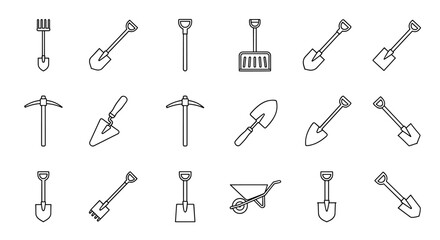 Collection of Shovel-Related Line Icons: A Comprehensive Set of Outline Signs Perfect for Graphic Design, Web Development, App Interfaces, Advertisements, and Diverse Card Designs, Featuring a Clean