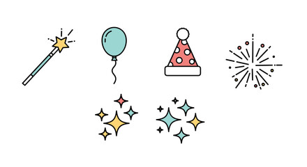 A vibrant and festive line icon set for celebrations, featuring a magical wand, a floating balloon, a polka-dot holiday hat, sparkling stars, and bursting fireworks, perfect for designing cards
