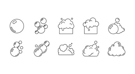 Set of simple line art vector illustrations of bubbles and foam, isolated on a white background. This collection features various bubble formations and fluffy foam textures, perfect for designs