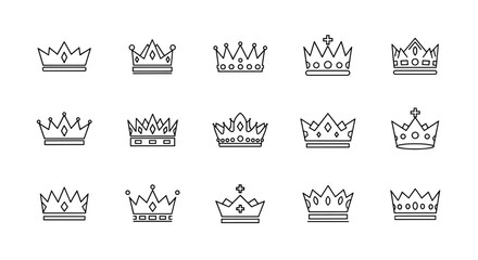 Collection of 15 Crown Line Icons, representing royalty, power, and success. These minimalist vector graphics are perfect for web design, app icons, branding, invitations, and various graphic design