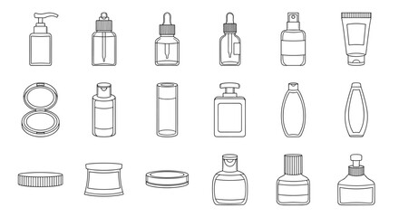Collection of outline icons representing various cosmetic bottles and containers, including pump dispensers, dropper bottles, spray bottles, tubes, compacts, and jars, perfect for graphic design