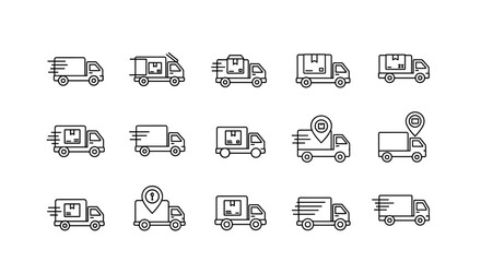 Collection of Delivery Truck Icons for UI Design, Placards, Books, and Apps, Featuring Editable Stroke and Perfect for Web Sites, Books, Cards, and Apps, Vector Cartoon Illustration with a Modern